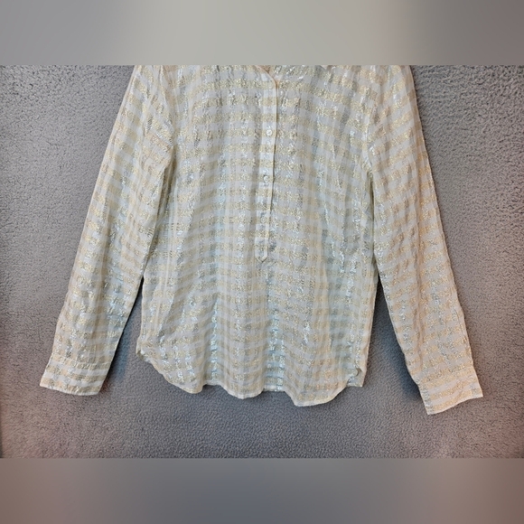 J. Crew Top Womens Sz 12 Tall White & Gold Metallic Plaid Voile Popover - Picture 3 of 11